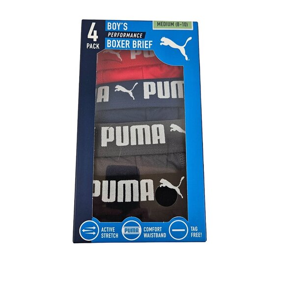 Puma Boys Performance Boxer Brief 4 Pack Medium 8 10 Tag Free Blue Grey Black Re - Picture 1 of 9